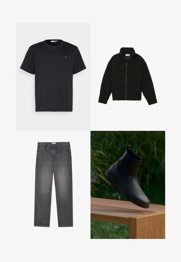 Must must karusnahast jakk kõrge kraega, lukuga sulgemine, elastsed varrukad ja tikandmuster. Omab küljetaskuid ja pehmet tekstuuri.; Calvin Klein Jeans Plus PLUS EMBRO BADGE TEE - Lihtne T-särk - black; Tumedad hallid džинs подразденииinнари и виишь праканд нарх ялкаал еиргиктр панжии, лашкаай у.Е. нарер летмец вьимиджеч платарам.; Mustad musta nahast pahkluu saabaste paar, millel on elastsed külgpaneelid, sile tekstuur, ümarad varbad ja lamedad tallad, asetatud puidust laua peale rohelise taustaga.