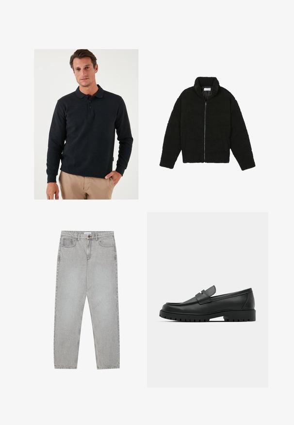 Čierna umelá kožušinová bunda s vysokým golierom, zipsom, elastickými manžetami a prešívaným dizajnom. Má bočné vrecká a jemnú textúru.; Tmavosivá dlhá polo košeľa s golierom, trojbtnou légou a rebrovanými manžetami. Hladká tkanina s jemnou textúrou.; Svetlošedé denimové nohavice s rovným strihom, piatimi vreckami a zapínaním na gombík. Viditeľné švy pozdĺž švov.; Čierne kožené mokasíny s okrúhlou špičkou, s prešitým dizajnom, nízkou platformou a textúrovanou, zúbkovanou gumovou podrážkou.