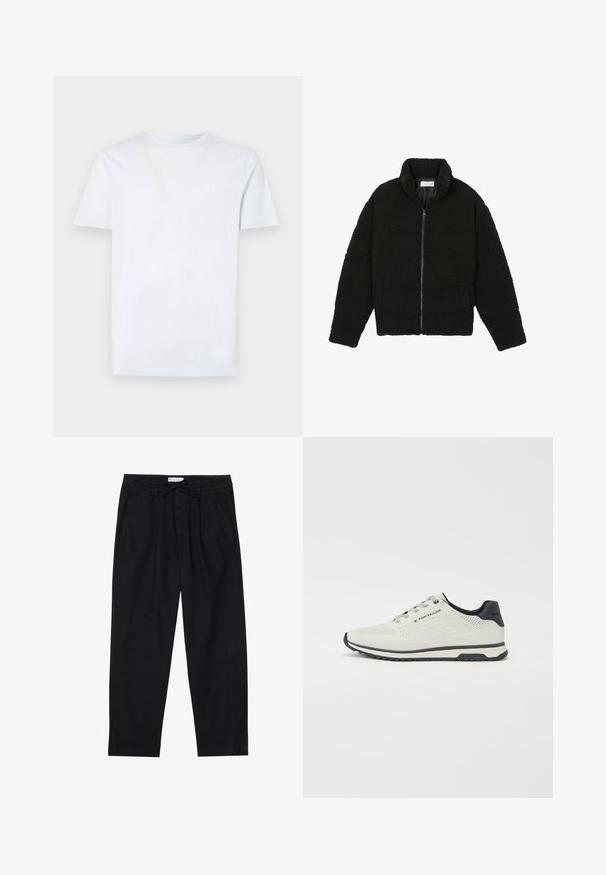 Svart fuskepelsjakke med høy krage, glidelås, elastiske mansjetter og quiltet design. Har sidelommer og en myk tekstur.; Hvit bomull t-skjorte med korte ermer, rund hals og et lite, lysfarget kvadratlapp på venstre bryst.; Pier One Chinos - black; Lys grå treningssko med perforert design, svarte detaljer, teksturert såle og snøresystem. Logo synlig på siden.