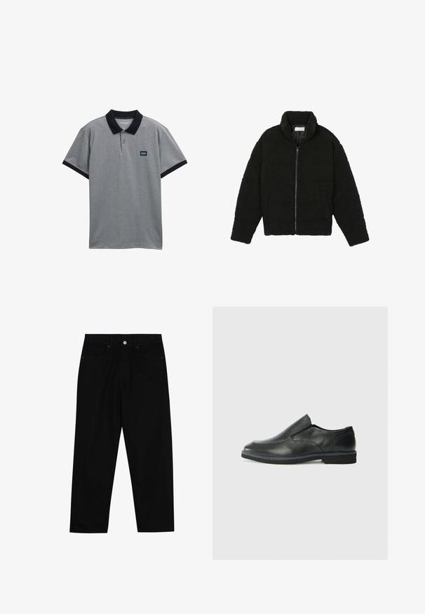 Fekete műszőrme dzseki magas gallérral, cipzáros záródással, rugalmas mandzsettákkal és steppelt mintázattal. Oldalsó zsebekkel rendelkezik, és puha tapintású.; Szürke póló, fekete gallérral és ujjpántokkal. Három gombos záródás jellemzi, és egy kis logó folt található a mellkasán. Pamut keverék anyag.; Fekete farmernadrág, egyenes szabással, öt zsebből álló dizájnnal és elülső gombos záródással. Simább felület minimális varrási részletekkel.; Fekete bőr, slip-on cipő sima felsőrésszel, varrott díszítéssel, lekerekített orral és alacsony gumitalppal. A talpa minimális bordázattal rendelkezik.