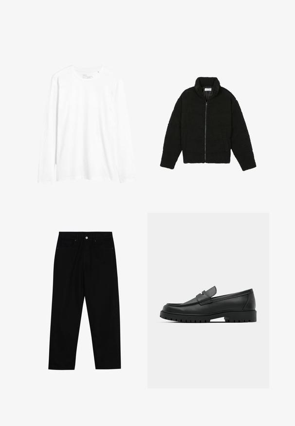 Must must karusnahast jakk kõrge kraega, lukuga sulgemine, elastsed varrukad ja tikandmuster. Omab küljetaskuid ja pehmet tekstuuri.; Pikad varrukad valgest puuvillaste T-särgist. Omab ümmargust kaelust, kitsast lõiget ja külgmisi lõikeid hemil. Lihtne disain ilma mustriteta.; Mustadest denimist püksid, millel on sirge jalg, viie tasku disain ja eesnupuga sulgur. Sile tekstuur koos minimaalsete õmblustega.; Mustad musta nahast loafers, millel on ümar varvas, tikandiga disain, madal platvorm-soon ja tekstureeritud, soonikkummist välistald.