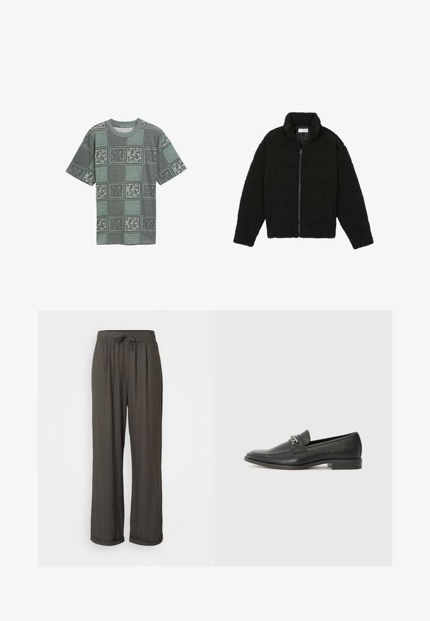 Svart faux fur-jacka med hög krage, dragkedjestängning, elastiska manschetter och ett kviltat mönster. Har sidofickor och en mjuk textur.; Grön mönstrad T-shirt i mjukt tyg med en blandning av geometriska och paisleymönster i olika nyanser över fyrkantiga sektioner.; Mörkgrå vida byxor med dragsko i midjan, tillverkade av ett mjukt, texturerat tyg, med uppvikta fållar vid anklarna.; Svart läderloafers med en slät yta, med en sydd design och en dekorativ metallkedjeaccent över västen. Platt häldesign.