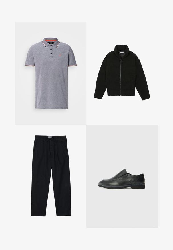 Casaco de pelo sintético preto com gola alta, fecho de zip, punhos elásticos e um design acolchoado. Apresenta bolsos laterais e uma textura suave.; Polo cinza com colar texturizado, abertura com três botões e detalhes contrastantes em vermelho no colar e nas mangas. Pequeno logótipo no peito.; Pier One Chinos - black; Sapato slip-on preto em pele com um upper liso, acabamentos cosidos, bico arredondado e um salto de borracha baixo. A sola apresenta um padrão de aderência mínimo.