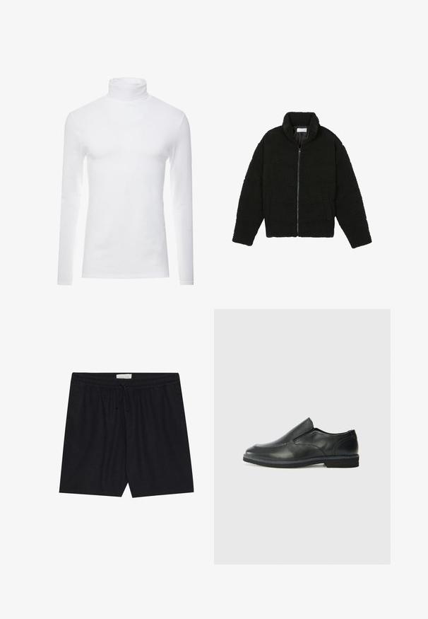 Sort faux fur jakke med høj krave, lynlås lukning, elastiske ærmer og et quiltet design. Har sidelommer og en blød tekstur.; Hvid langærmet turtleneck skjorte lavet af blødt, strækbart materiale. Har en høj krave og et tætsiddende design, som giver en strømlinet silhuet.; Sorte shorts med elastisk talje og snore, der har en glat tekstur og lige skæring, velegnet til afslappet brug.; Sorte læder slip-on sko med en glat overdel, syede detaljer, rund tå og en lav gummihæl. Sålen har minimal profil.