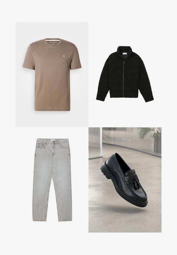 Črna jakna iz umetnega krzna z visokim ovratnikom, z zadrgo, elastičnimi manšetami in kviltanim dizajnom. Ima stranske žepke in mehak tekstur.; Kratek bombažen T-majica barve topo z okrolim ovratnikom in majhno belo logotipom "M OP" na zgornjem levem delu prsnega koša, znamke Marc O'Polo.; Svetlo sivi traper hlače s ravnim krojem, pet žepov in gumbom za zapiranje. Vidno šivanje ob šivih.; Črni usnjeni mokasini z gladkim zaključkom, dekorativnimi cofki, debelim gumijastim podplatom in všitimi poudarki. Lahka in elegantna zasnova.
