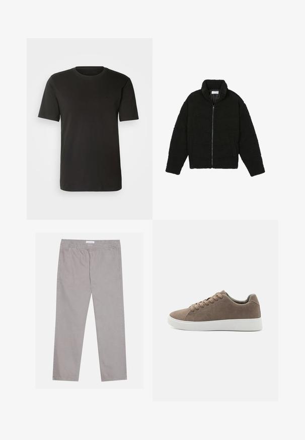 Črna jakna iz umetnega krzna z visokim ovratnikom, z zadrgo, elastičnimi manšetami in kviltanim dizajnom. Ima stranske žepke in mehak tekstur.; Črna bombažna majica s klasičnim okroglim ovratnikom in kratkimi rokavi, z diskretnim logotipom na prsih, gladka tekstura.; Svjetlosive pamučne hlače s elastičnom pogačicom, dva bočna džepa, ravni kroj nogavica i glatka tekstura. Jednostavni detalj šivanja.; Rjave semiš športne copate z ravnimi belimi gumijastimi podplati, vezanje, zaobljen konic in gladka tekstura. Minimalističen slog z diskretnimi šivi.