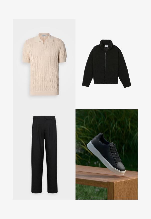 Čierna umelá kožušinová bunda s vysokým golierom, zipsom, elastickými manžetami a prešívaným dizajnom. Má bočné vrecká a jemnú textúru.; Béžová pletená polo košeľa s krátkymi rukávmi, ktorá má textúrovaný vzor s otvorenou prácou a klasický golier. Mäkká tkanina a rebrované manžety.; Čierne nohavice vyrobené z hladkej tkaniny, s rovnými nohavicami, dvoma prednými skladmi a štandardným pásom s pútkami na opasok.; Čierne kožené tenisky s hladkým povrchom, biela gumená podrážka a šesť dierok na šnúrky, vystavené na drevenom povrchu.