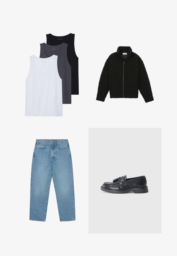 Crna jakna od umjetnog krzna s visokim ovratnikom, zatvaranjem na zip, elastičnim manžetama i kviltanim dizajnom. Sadrži bočne džepove i mekanu teksturu.; Trii majice bez rukava prikazane: jedna bijela, jedna tamno siva i jedna crna. Izrađene od mekanog materijala s округлим izrezima i bez istaknutih uzoraka.; Svijetloplavi traper široke nogavice s visokim strukom, koji ima pet džepova, petlju za remen i mekan, blago izblijedio uzorak.; Crne kožne loferice s okruglim vrhom, trakicom s resicama i masivnim potplatom s uzorkom. Glatka tekstura i klasični dizajn.