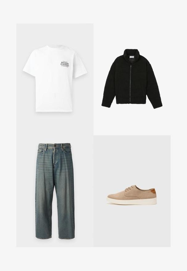 Casaco de pelo sintético preto com gola alta, fecho de zip, punhos elásticos e um design acolchoado. Apresenta bolsos laterais e uma textura suave.; T-shirt branca de manga curta com texto preto "MAISON D'HIVER" e uma pequena impressão adicional na área do peito esquerdo.; Jeans de ganga azul claro com um corte solto, cintura média e pernas retas. Apresenta cinco bolsos, passadores de cinto e fecho com botão.; Sapatilhas de camurça bege com bico arredondado, fecho de atacadores na parte da frente e um detalhe texturizado na parte de trás. A sola de borracha branca proporciona contraste. Design simples e moderno.