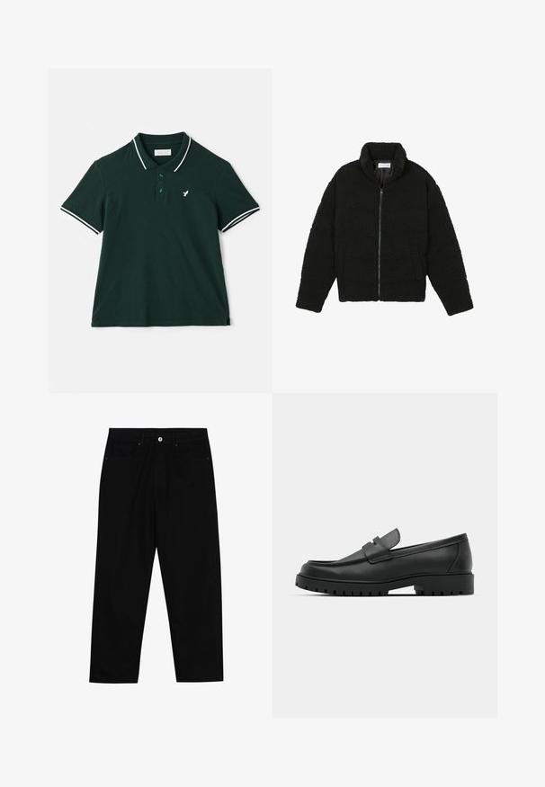 Svart faux fur-jacka med hög krage, dragkedjestängning, elastiska manschetter och ett kviltat mönster. Har sidofickor och en mjuk textur.; Pier One Piké - dark green; Svarta denimbyxor med rak passform, femficksdesign och framknäppning. Slät textur med minimala sömdetaljer.; Svarta lädersneakers med rund tå, med en sydd design, låg plattformssula och en texturerad, mönstrad gummisula.