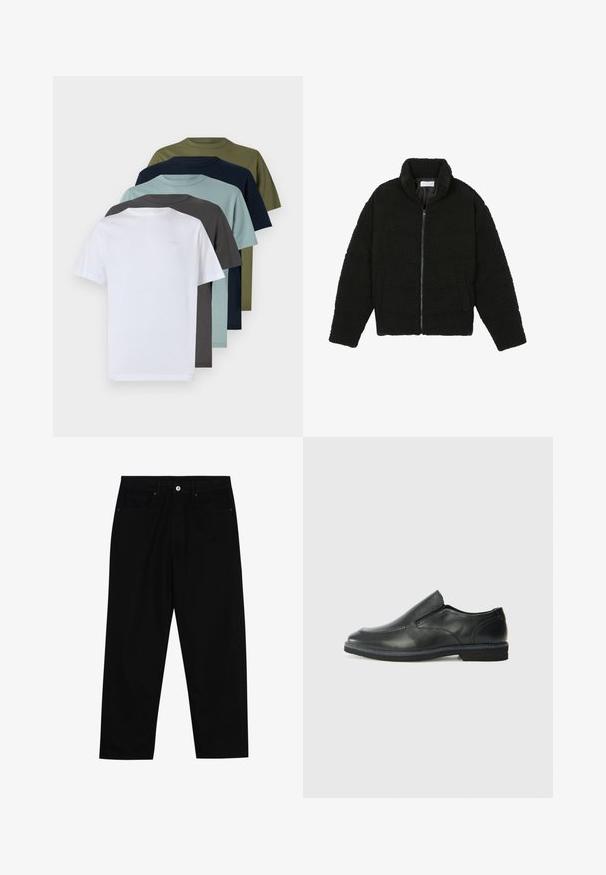 Černá umělá kožešinová bunda s vysokým límcem, zipovým uzávěrem, elastickými manžetami a prošívaným designem. Obsahuje postranní kapsy a jemnou texturu.; Šest triček s krátkým rukávem a kulatým výstřihem v bílém, tmavě šedém, světle modrém, námořnickém, olivově zeleném a tmavě zeleném provedení, která se vyznačují jednobarevným designem a bavlněnou texturou.; Černé džíny s rovně střiženými nohavicemi, designem pěti kapes a předním zapínáním na knoflík. Hladký povrch s minimem švových detailů.; Černá kožená nazouvací bota s hladkým svrškem, prošívanými detaily, zaoblenou špičkou a nízkým gumovým podpatkem. Podešev má minimální vzorek.
