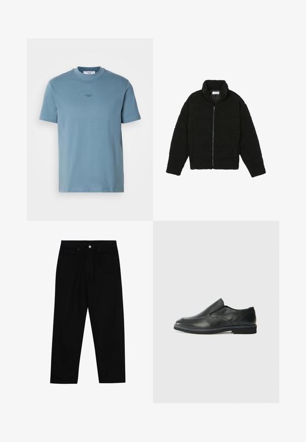 Juoda dirbtinė kailio striukė su aukštu apykakle, užtrauktuku, elastingomis rankovėmis ir siuvinėtu raštu. Su šoninėmis kišenėmis ir švelnia tekstūra.; Šviesiai mėlynas trumpomis rankovėmis marškinėliai, pagaminti iš medvilnės. Suapvalintas kaklas ir mažas prekės ženklas krūtinėje. Glotnus paviršius.; Juoda džinsinė kelnė su tiesiu kirpimu, penkių kišenių dizainu ir priekiniais mygtukais. Lygus paviršius su minimaliu siuvimo detalėmis.; Juodai odiniai įtvirtinimo batai su lygiu paviršiumi, siuvinėjimo akcentais, apvalia nosimi ir žemu guminiu kulnu. Pado raštas minimalus.