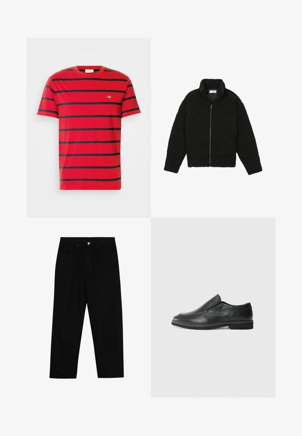 Black faux fur jacket with a high collar, zip closure, elastic cuffs, and a quilted design. Features side pockets and a soft texture.; Red cotton t-shirt featuring horizontal navy stripes, a crew neckline, and a small embroidered logo on the chest. Classic fit design.; Black denim pants featuring a straight-leg cut, five-pocket design, and a front button closure. Smooth texture with minimal stitching details.; Black leather slip-on shoe with a smooth upper, stitched accents, rounded toe, and a low rubber heel. Sole features minimal tread.