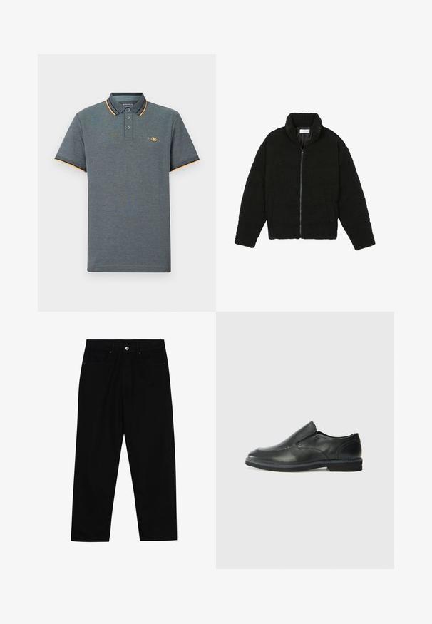 Svart fuskepelsjakke med høy krage, glidelås, elastiske mansjetter og quiltet design. Har sidelommer og en myk tekstur.; Grå polo skjorte med teksturert stoff, med en tre-knapps knappestolpe, lyseblå og oransje krageakenter, og en liten logo på brystet.; Sorte denimbukser med rett benklipp, fem-lomme design og frontknappåpning. Jevn tekstur med minimale sømdetaljer.; Sorte skinn slip-on sko med en jevn overflate, stikking detaljer, rund tå og en lav gummihæl. Sålen har minimal mønstring.