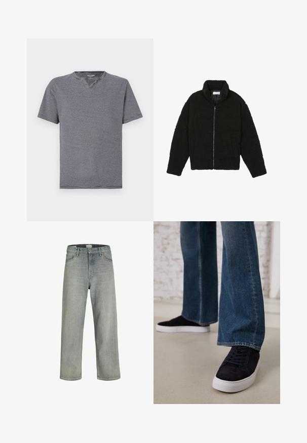 Svart fuskepelsjakke med høy krage, glidelås, elastiske mansjetter og quiltet design. Har sidelommer og en myk tekstur.; Kortermet navy og hvit stripete t-skjorte med rund hals og to knapper, laget av myk bomullsstoff.; Lys grå, løstsittende jeans laget av denim. Har en klassisk fem-lomme-design, beltehemper og en rett ben-silhuett.; Mørkeblå semskede sneakers med hvit gummisåle og snøring, kombinert med vide denimjeans i en middels blå vask.