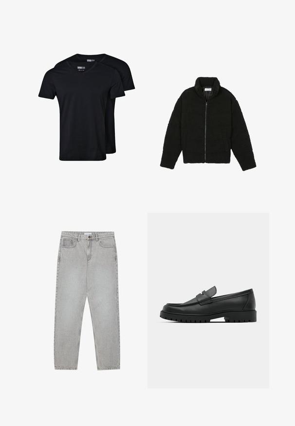 Sort faux fur jakke med høj krave, lynlås lukning, elastiske ærmer og et quiltet design. Har sidelommer og en blød tekstur.; Sorte v-hals t-shirts lavet af bomuldsblanding. Korte ærmer, afslappet pasform og glat tekstur. Pakken indeholder to t-shirts.; Lysegrå denimbukser med lige ben, fem lommer og knaplukning. Synlig syning langs sømmene.; Sorte læder loafers med rund tå, der har et syet design, lav platformssål og en struktureret, skridsikker gummisål.