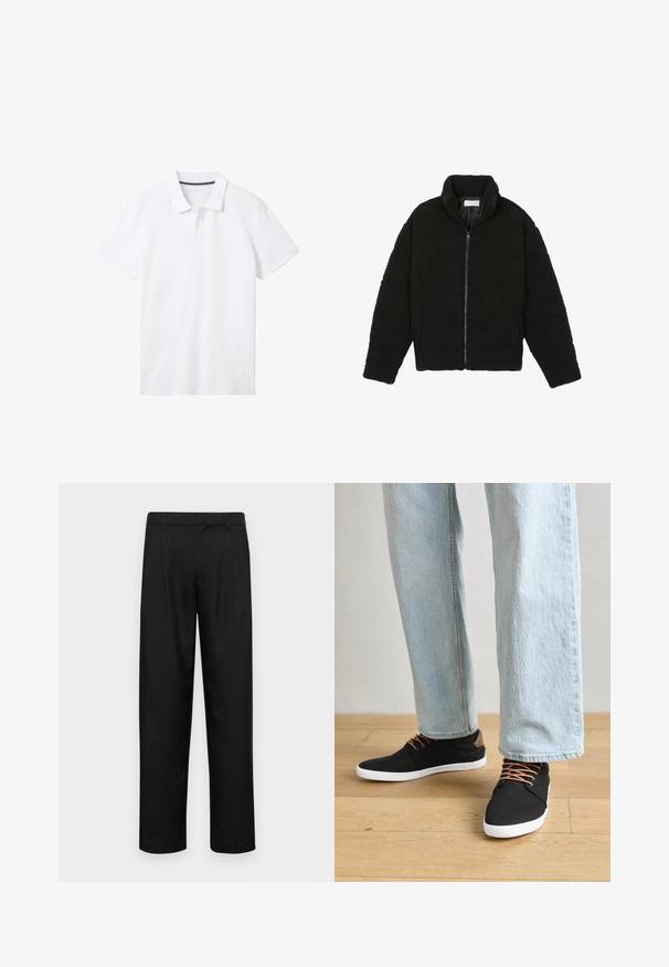 Veste en fausse fourrure noire avec un col haut, fermeture éclair, poignets élastiques et un design matelassé. Elle possède des poches latérales et une texture douce.; TOM TAILOR BASIC - Polo - white; Pantalons noirs en tissu lisse, avec une coupe droite, deux plis avant et une taille standard avec passants de ceinture.; Baskets en toile noires avec des accents marron, semelles en caoutchouc blanches et lacets marron, associées à un jean droit bleu clair. Fond en bois.