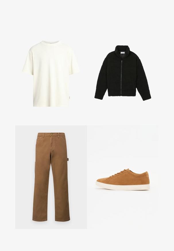 Sort faux fur jakke med høj krave, lynlås lukning, elastiske ærmer og et quiltet design. Har sidelommer og en blød tekstur.; Kortærmet t-shirt med rund hals i off-white, lavet af blød bomuld, med lige snit og minimalistisk design uden mønstre.; Brune bomulds cargo bukser med lige ben, der har sidelommer og en metal lukning i taljen. Glat tekstur og afslappet design.; Brune ruskind sneakers med et lavt design, hvid gummisål og rund tå. Har matchende snørebånd og minimal branding på hælen.