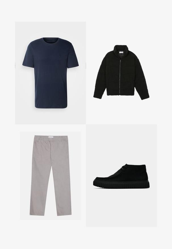 Zwarte faux fur jas met een hoge kraag, ritssluiting, elastische manchetten en een doorgestikt ontwerp. Beschikt over zijzakken en een zachte textuur.; Marineblauwe katoenen t-shirt met korte mouwen, ronde hals en een klein geborduurd logo op de borst. Gladde textuur, normale pasvorm.; Lichtgrijze katoenen broek met een elastische tailleband, twee zijzakken, een recht poten ontwerp en een zachte textuur. Eenvoudige stiksel.details.; Zwarte enkelboots van zacht materiaal, met een ronde neus, minimale veters en een gestructureerde rubberen zool met verticale groeven.
