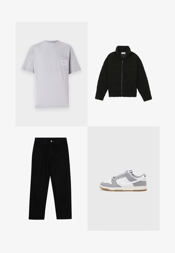 Schwarze Kunstpelzjacke mit hohem Kragen, Reißverschluss, elastischen Bündchen und gestepptem Design. Verfügt über seitliche Taschen und eine weiche Textur.; Graues Baumwoll-T-Shirt mit Rundhalsausschnitt, kurzen Ärmeln und einer linken Brusttasche mit gestickten Textdetails.; Schwarze Jeans mit geradem Schnitt, Fünf-Taschen-Design und einem vorderen Knopfverschluss. Glatte Textur mit minimalen Nähten.; Graue und weiße Sneaker mit einem Obermaterial aus Wildleder und Leder, abgerundeter Spitze, flachen Schnürsenkeln und einer Gummisohle mit einem Kautschukakzent.