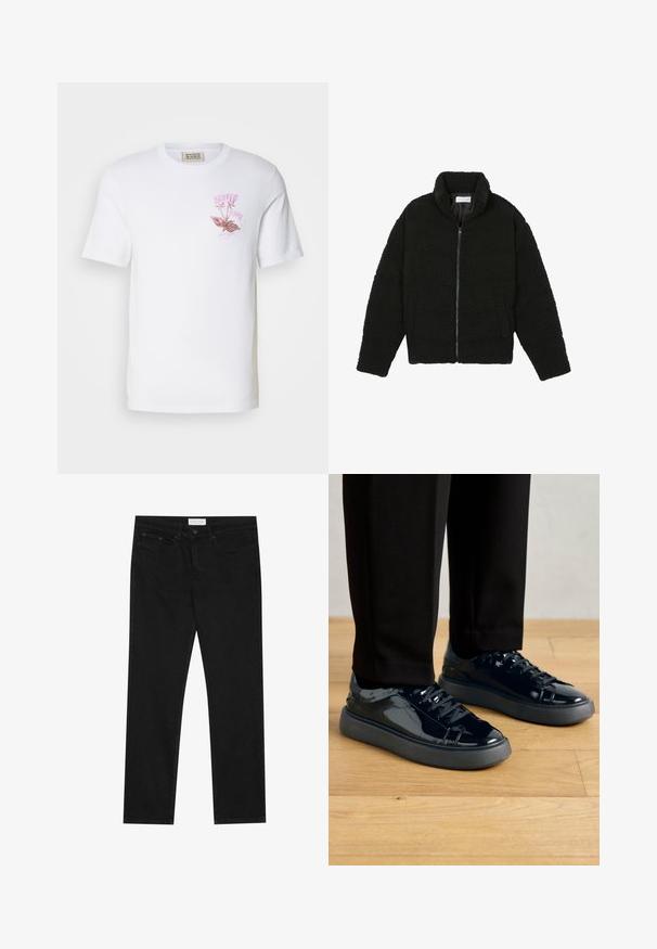 Čierna umelá kožušinová bunda s vysokým golierom, zipsom, elastickými manžetami a prešívaným dizajnom. Má bočné vrecká a jemnú textúru.; Biely bavlnený tričko s ružovým kvetinovým grafickým dizajnom a textom na ľavej hrudi. Krátke rukávy a klasický strih s okrúhlym výstrihom.; Čierne džínsy rovného strihu s piatimi vreckami, zapínanie na gombík a zips a s etiketou značky Pier One na páse.; Čierne lakované tenisky s textúrovanou gumovou podrážkou, okrúhlou špičkou a zodpovedajúcimi čiernymi šnúrkami, spárované s čiernymi nohavicami na drevenej podlahe.