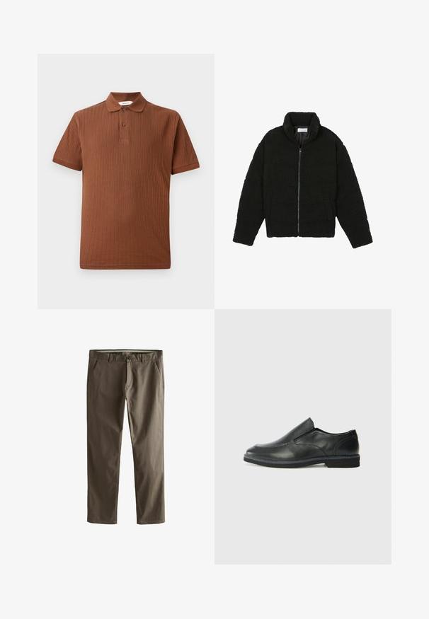Črna jakna iz umetnega krzna z visokim ovratnikom, z zadrgo, elastičnimi manšetami in kviltanim dizajnom. Ima stranske žepke in mehak tekstur.; Rjav rebrast polo majica s klasičnim ovratnikom, dvobojnimi gumbi in kratkimi rokavi. Narejena iz mehke tkanine z teksturiranim zaključkom.; Bakerjska rjava bombažna chinos hlače s ravnim krojem, sprednjimi žepi in gumbom za zapiranje. Imajo gladko teksturo in čiste linije.; Črne usnjene natikače z gladkim zgornjim delom, prišitimi detajli, zaobljenim nosom in nizkim gumijastim petkom. Podplat ima minimalen profil.
