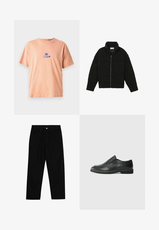 Melnā mākslīgā kažokādas jaka ar augstu apkakli, ar rāvējslēdzēju, elastīgām piedurknēm un kvadrātveida šuvēm. Iespējotas sānu kabatas un mīksta tekstūra.; Persiku krāsas kokvilnas T-krekls ar īsām piedurknēm, apaļu kakla izgriezumu un zilu izdrukātu logo, kas ietver airēšanas motīvu un tekstu "NY PADEL."; Melni džinsi ar taisnu kāju griezumu, piecu kabatu dizainu un priekšēju pogu aizdari. Gluda tekstūra ar minimālu šuvju detaļu skaitu.; Melnas ādas slip-on kurpes ar gludu augšdaļu, izšūtām akcentiem, noapaļotu purngala daļu un zemu gumijas papēdi. Zole ar minimālu rakstu.