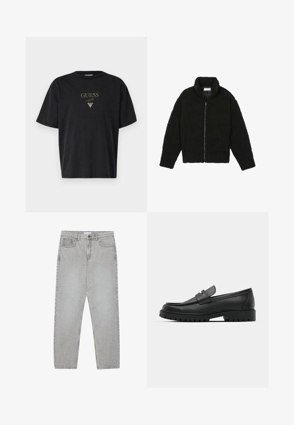 Μαύρη ψεύτικη γούνα τζάκετ με ψηλό γιακά, φερμουάρ, ελαστικούς καρπούς και σχεδίαση με κουβέρτα. Περιλαμβάνει πλαϊνές τσέπες και μαλακή υφή.; Μαύρη κοντομάνικη μπλούζα από βαμβάκι με στρογγυλή λαιμόκοψη, που διαθέτει χρυσό κείμενο "GUESS originals" και λογότυπο τρίγωνο στο μπροστινό μέρος.; Ανοιχτό γκρι τζιν παντελόνι με ίσια γραμμή, πέντε τσέπες και κλείσιμο με κουμπί. Ορατές ραφές κατά μήκος των ραφών.; Μαύρα δερμάτινα λουστρίνια με στρογγυλή μύτη, που διαθέτουν ραμμένο σχέδιο, χαμηλή πλατφόρμα και υφή με λαστιχένια σόλα με προεξοχές.