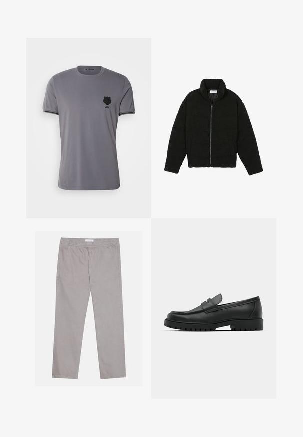 Zwarte faux fur jas met een hoge kraag, ritssluiting, elastische manchetten en een doorgestikt ontwerp. Beschikt over zijzakken en een zachte textuur.; Antony Morato INJECTION LOGO - T-shirt basic - anthracite; Lichtgrijze katoenen broek met een elastische tailleband, twee zijzakken, een recht poten ontwerp en een zachte textuur. Eenvoudige stiksel.details.; Zwarte leren instappers met een ronde neus, voorzien van een gestikt ontwerp, een lage platformzool en een gestructureerde, grof rubberen buitenzool.