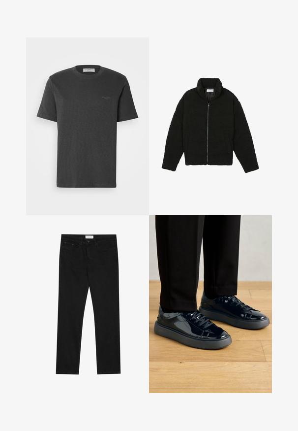 Svart fuskepelsjakke med høy krage, glidelås, elastiske mansjetter og quiltet design. Har sidelommer og en myk tekstur.; Mørk grå bomulls t-skjorte med korte ermer og rund hals. Har en subtil merkevarelogo i øvre venstre hjørne. Myk tekstur.; Svarte jeans med rette ben, fem lommer, knapp og glidelås-lukking, og et Pier One-merkelapp på midjen.; Sorte patentlæder sneakers med en tekstureret gummisål, rund tå og matchende sorte snørebånd, parret med sorte bukser på et trægulv.