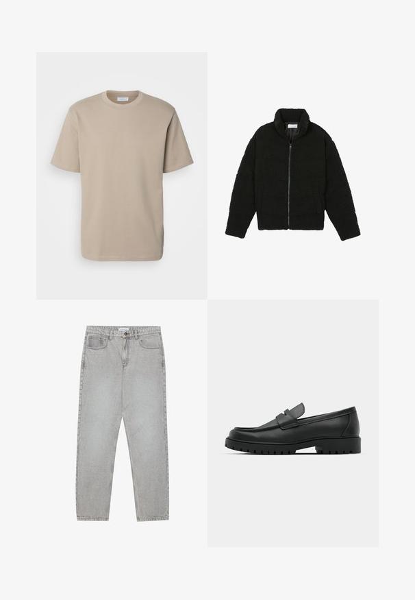 Black faux fur jacket with a high collar, zip closure, elastic cuffs, and a quilted design. Features side pockets and a soft texture.; Lindbergh O NECK TEE OVERSIZE - Basic T-shirt - stone; Light grey denim pants with a straight-leg design, five-pocket styling, and a button closure. Visible stitching along the seams.; Black leather loafers with a rounded toe, featuring a stitched design, low platform sole, and a textured, lugged rubber outsole.