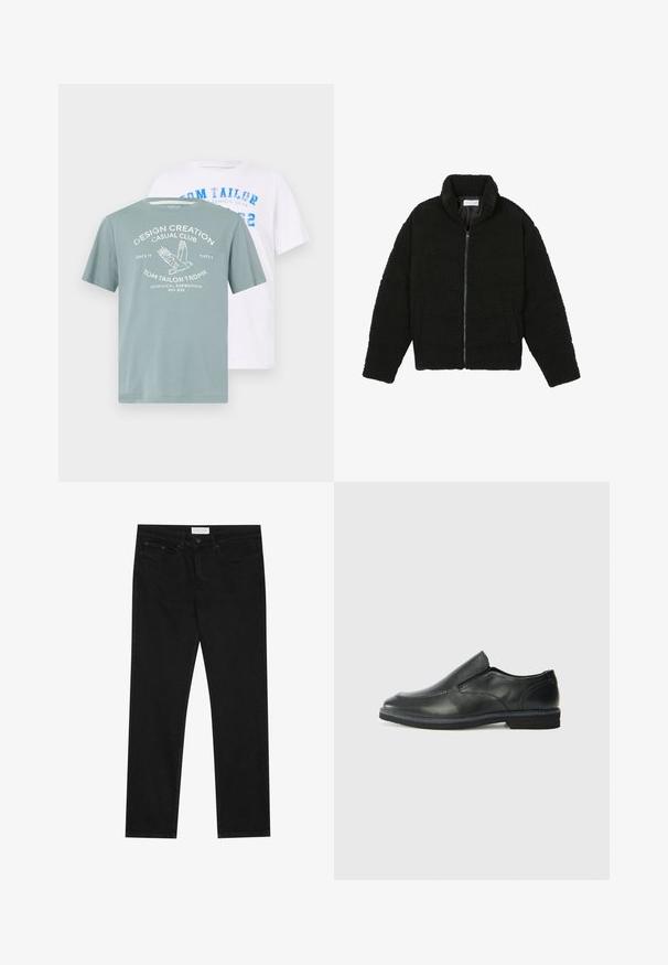 Svart fuskepelsjakke med høy krage, glidelås, elastiske mansjetter og quiltet design. Har sidelommer og en myk tekstur.; To skjorter: en lyseblå med et trykt design som viser en fugl og tekst, den andre hvit med blå tekst. Begge er kortermede.; Svarte jeans med rette ben, fem lommer, knapp og glidelås-lukking, og et Pier One-merkelapp på midjen.; Sorte skinn slip-on sko med en jevn overflate, stikking detaljer, rund tå og en lav gummihæl. Sålen har minimal mønstring.