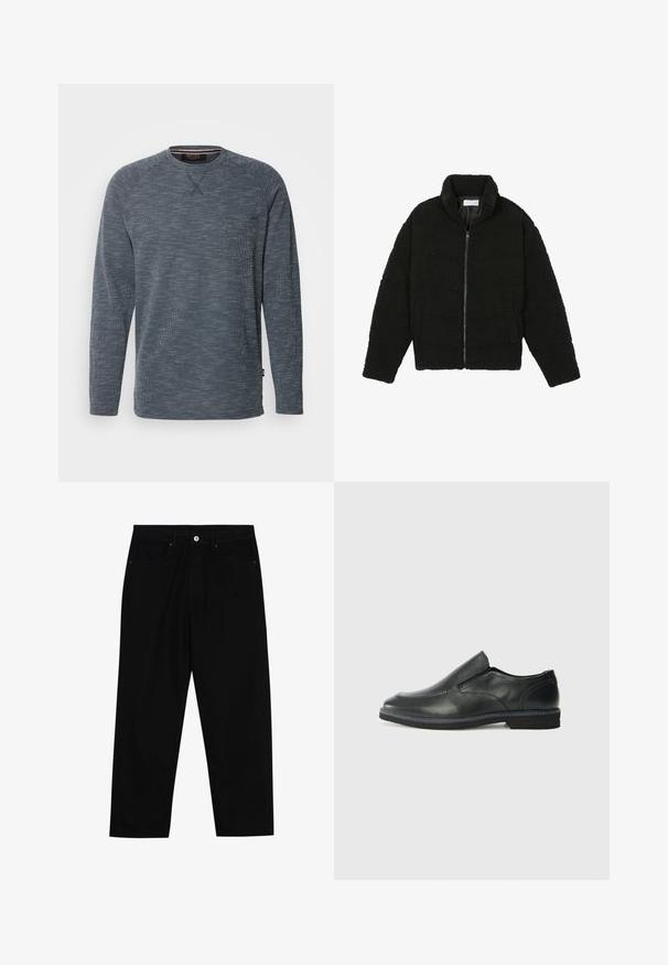 Schwarze Kunstpelzjacke mit hohem Kragen, Reißverschluss, elastischen Bündchen und gestepptem Design. Verfügt über seitliche Taschen und eine weiche Textur.; INDICODE JEANS Langarmshirt - navy; Schwarze Jeans mit geradem Schnitt, Fünf-Taschen-Design und einem vorderen Knopfverschluss. Glatte Textur mit minimalen Nähten.; Schwarze Leder-Slipper mit glattem Obermaterial, gesteppten Akzenten, runder Zehenpartie und niedrigem Gummiabsatz. Die Sohle hat ein minimales Profil.