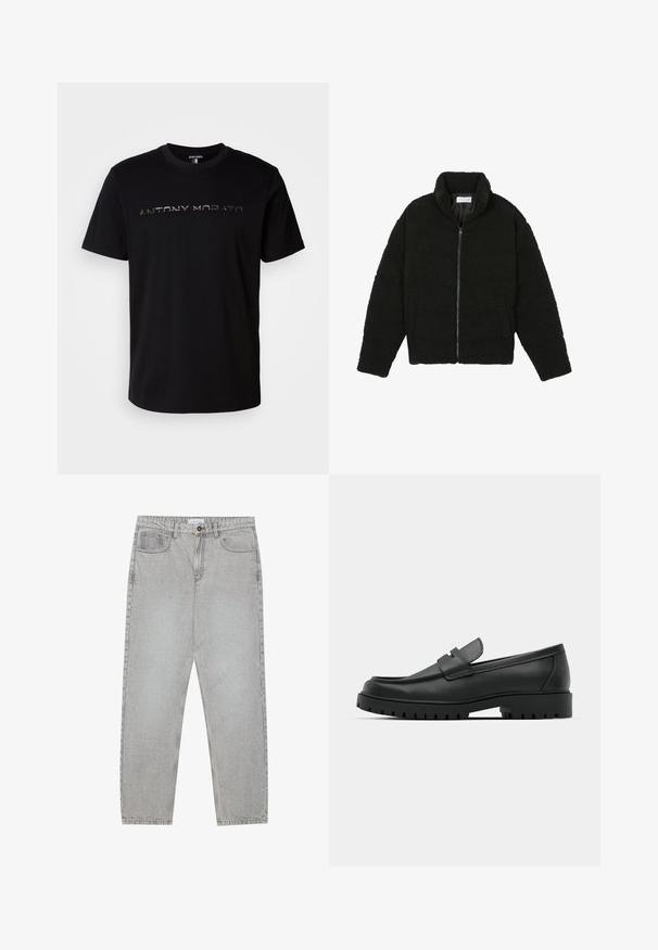 Chaqueta de pelaje sintético negro con cuello alto, cierre de cremallera, puños elásticos y un diseño acolchado. Cuenta con bolsillos laterales y una textura suave.; Camiseta de algodón negra con cuello redondo y un estampado de logotipo brillante que dice "ANTONY MORATO" en el pecho.; Pantalones de mezclilla gris claro con un diseño de pierna recta, estilo de cinco bolsillos y cierre de botón. Costuras visibles a lo largo de las costuras.; Mocasines de cuero negro con punta redonda, que cuentan con un diseño cosido, suela de plataforma baja y una suela de goma texturada y con tacos.