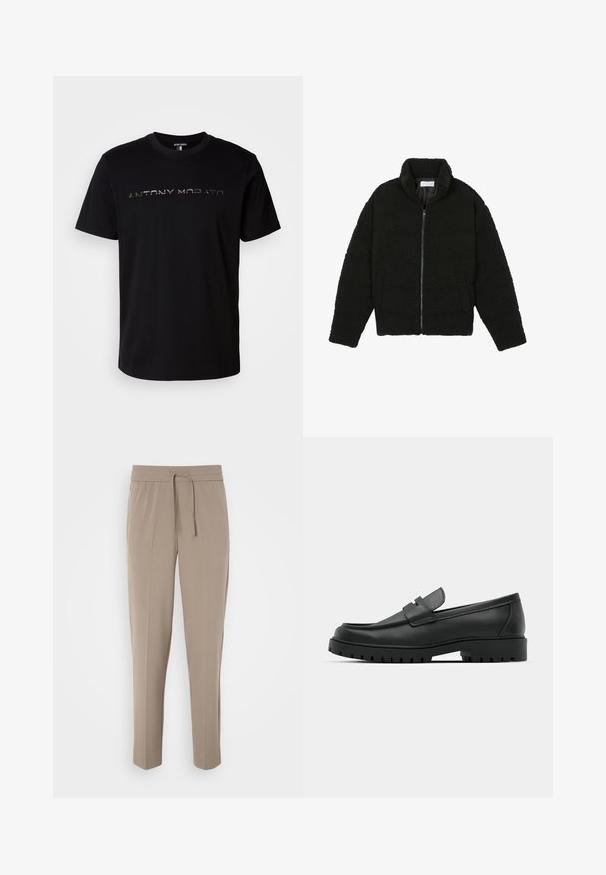 Musta tekokarvalehtijakku korkean kauluksen, vetoketjun, joustavat hihansuut ja tilkkutäkkikuvion. Sisältää sivutaskut ja pehmeän pinnan.; Mustapaita, jossa on pyöreä pääntie ja kiiltävä logo, jossa lukee "ANTONY MORATO" rinnassa.; Harmaat vaaleat housut, joissa on joustava vyötärö, säädettävä nyöri ja kapeat lahkeet. Kangas näyttää sileältä ja siinä on hienoinen kiilto.; Musta nahkaloafers, joissa on pyöreä kärki, ommeltu pinta, matala alusta ja kuvioitu, kuminen ulkopohja.