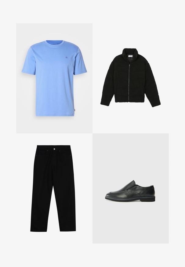 Melnā mākslīgā kažokādas jaka ar augstu apkakli, ar rāvējslēdzēju, elastīgām piedurknēm un kvadrātveida šuvēm. Iespējotas sānu kabatas un mīksta tekstūra.; Gaiši zils kokvilnas T-krekls ar apaļu apkakli un īsām piedurknēm. Uz krūtīm ir neliela izšūta logo un sānu etiķete.; Melni džinsi ar taisnu kāju griezumu, piecu kabatu dizainu un priekšēju pogu aizdari. Gluda tekstūra ar minimālu šuvju detaļu skaitu.; Melnas ādas slip-on kurpes ar gludu augšdaļu, izšūtām akcentiem, noapaļotu purngala daļu un zemu gumijas papēdi. Zole ar minimālu rakstu.