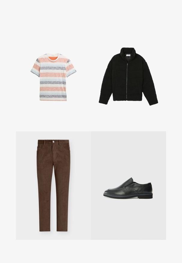 Veste en fausse fourrure noire avec un col haut, fermeture éclair, poignets élastiques et un design matelassé. Elle possède des poches latérales et une texture douce.; T-shirt rayé en coton, présentant de larges rayures horizontales orange, bleu, gris et blanc avec un col rond et des manches courtes.; Pantalon en velours côtelé marron à coupe droite, avec fermeture à bouton, poches avant et texture côtelée verticale sur l'ensemble.; Chaussure slip-on en cuir noir avec une tige lisse, des accents cousus, un bout arrondi et un petit talon en caoutchouc. La semelle présente un profil de traction minimal.