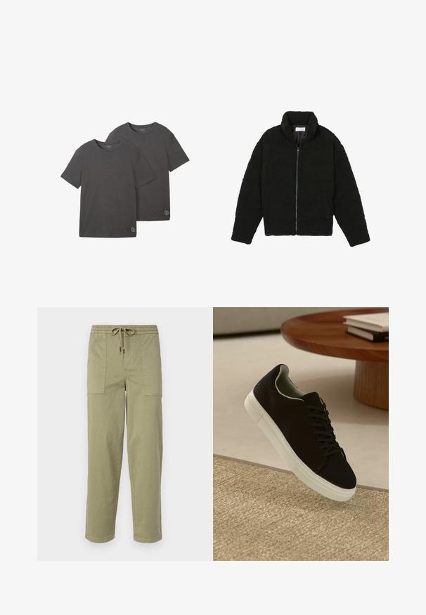 Sort faux fur jakke med høj krave, lynlås lukning, elastiske ærmer og et quiltet design. Har sidelommer og en blød tekstur.; To korte ærmelige t-shirts i kulgrå, lavet af blød bomuldsblanding, med en rund hals og en lille logo-detalje i kanten.; Lys olivengrønne bukser lavet af en bomuldsblanding, med elastisk talje med snor og to store sidelommer.; Sort sneaker med hvid sål svævende over en beige tekstureret tæppe nær et rundt trætabel med stablede bøger.