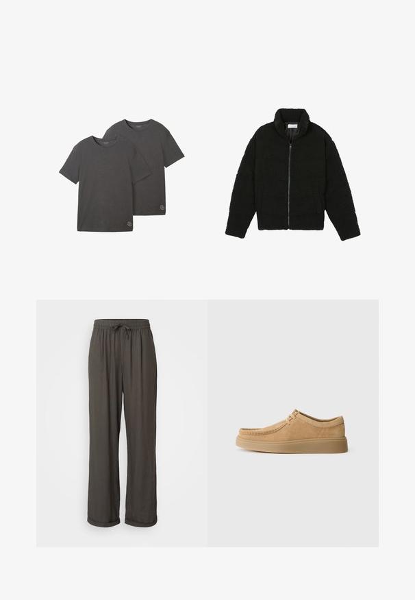 Black faux fur jacket with a high collar, zip closure, elastic cuffs, and a quilted design. Features side pockets and a soft texture.; Two short-sleeve t-shirts in charcoal gray, made from soft cotton blend, featuring a crewneck and a small logo detail at the hem.; Dark gray wide-leg pants with a drawstring waist, made of a soft, textured fabric, featuring rolled cuffs at the ankles.; Suede lace-up shoes in light tan with a rounded toe, stitched detailing, and a flat rubber sole, showcasing a smooth texture.