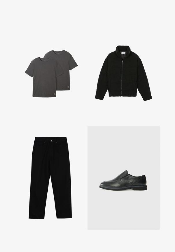 Sort faux fur jakke med høj krave, lynlås lukning, elastiske ærmer og et quiltet design. Har sidelommer og en blød tekstur.; To korte ærmelige t-shirts i kulgrå, lavet af blød bomuldsblanding, med en rund hals og en lille logo-detalje i kanten.; Sorte denimbukser med lige ben, fem lomme-design og knaplukning foran. Glat tekstur med minimale syninger.; Sorte læder slip-on sko med en glat overdel, syede detaljer, rund tå og en lav gummihæl. Sålen har minimal profil.