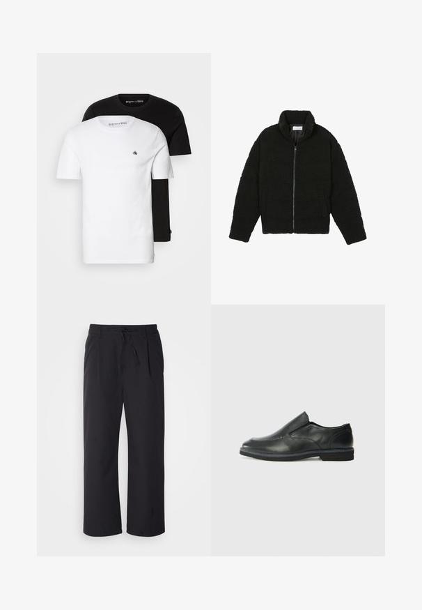 Must must karusnahast jakk kõrge kraega, lukuga sulgemine, elastsed varrukad ja tikandmuster. Omab küljetaskuid ja pehmet tekstuuri.; Kaks puuvillast T-särki: üks valge, millel on rindkeres väike logo, ja üks must. Mõlemal on lühikesed varrukad ja klassikaline ümmargune kaelus.; Laiad püksid tekstuuriga mustast kangast, millel on paeltega vöö, kahe esiosa tasku ja sirge lõikega disain.; Must musta laia suuga king, millel on sile ülemine osa, õmmeldud detailid, ümmargune nina ja madal kummist konts. Tallal on minimaalne mustr.