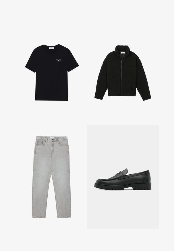 Svart fuskepelsjakke med høy krage, glidelås, elastiske mansjetter og quiltet design. Har sidelommer og en myk tekstur.; Pier One T-shirts - true black; Lys grå denimbukser med rett ben-design, fem lommer og knappelukking. Synlig søm langs sømmene.; Sorte lærloafere med rund tå, med en syddesign, lav plattformsåle og en teksturert, ruggede gummisåle.
