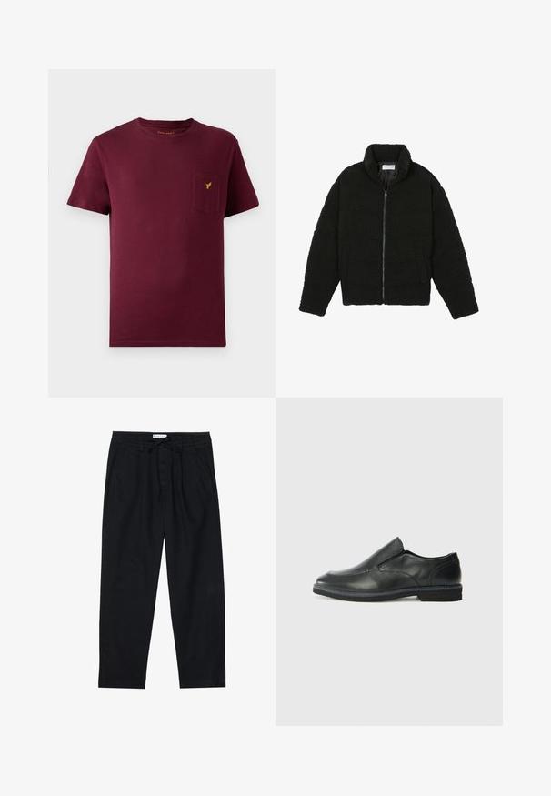 Black faux fur jacket with a high collar, zip closure, elastic cuffs, and a quilted design. Features side pockets and a soft texture.; Burgundy cotton t-shirt with short sleeves, round neckline, front pocket, and a small yellow logo embroidered on the pocket.; Pier One Chinos - black; Black leather slip-on shoe with a smooth upper, stitched accents, rounded toe, and a low rubber heel. Sole features minimal tread.