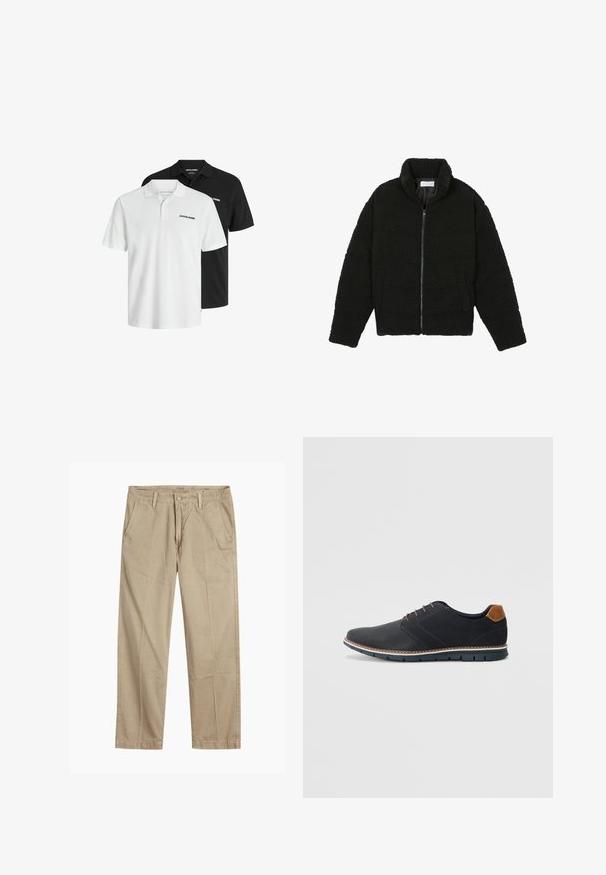 Schwarze Kunstpelzjacke mit hohem Kragen, Reißverschluss, elastischen Bündchen und gestepptem Design. Verfügt über seitliche Taschen und eine weiche Textur.; Zwei kurzärmelige Poloshirts in Schwarz und Weiß, aus Baumwolle mit einer subtilen strukturierten Oberfläche; verfügen über einen Kragen und ein Logo-Detail.; Beige gerade geschnittene Chinos mit Gürtelschlaufen, vorderem Knopf- und Reißverschlussverschluss sowie schrägen Fronttaschen.; Schwarze synthetische Schuhe mit einer strukturierten Oberseite, glatten Akzenten, braunem Absatz und einer kontrastierenden Sohle. Verfügt über minimale Schnürung und Nähdetails.