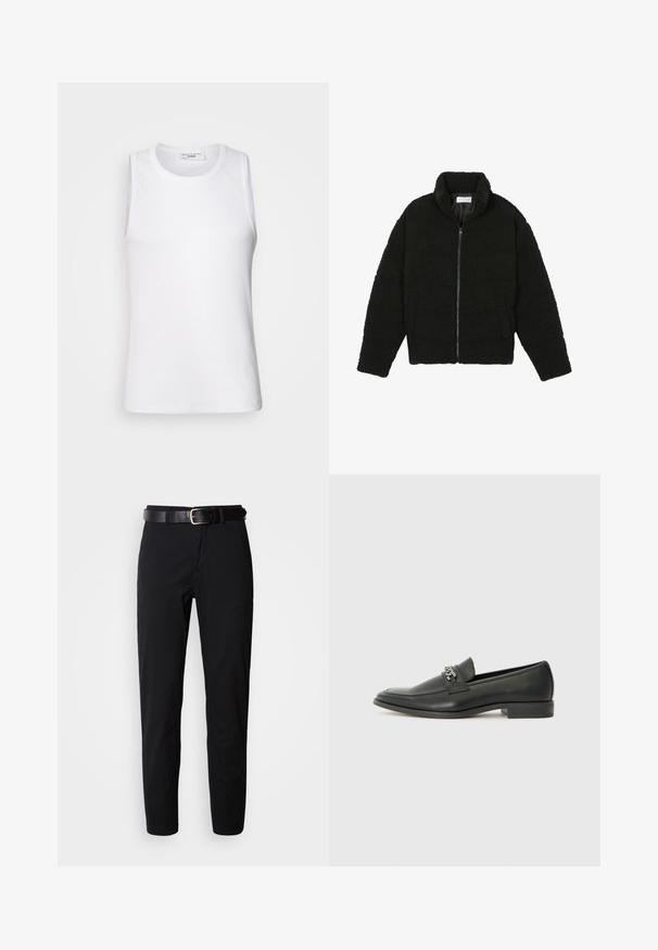 Juoda dirbtinė kailio striukė su aukštu apykakle, užtrauktuku, elastingomis rankovėmis ir siuvinėtu raštu. Su šoninėmis kišenėmis ir švelnia tekstūra.; Balta be rankovių viršutinė dalis, pagaminta iš lygaus audinio, su apvaliu iškirpimu ir prigludusia siluetu, tinka dėvėti sluoksniais arba atskirai.; Juodi kelnių modeliai su tiesiu kirpimu, turintys lygų paviršių ir juodas odinis diržas su sidabriniu sagtimi. Paprastas dizainas, be raštų ar akcentų.; Juodos odinės loafer tipo bateliai su lygiu paviršiumi, turintys siuvinėtą dizainą ir dekoratyvų metalo grandinėlės akcentą ant batų viršaus. Plokščias kulnas.