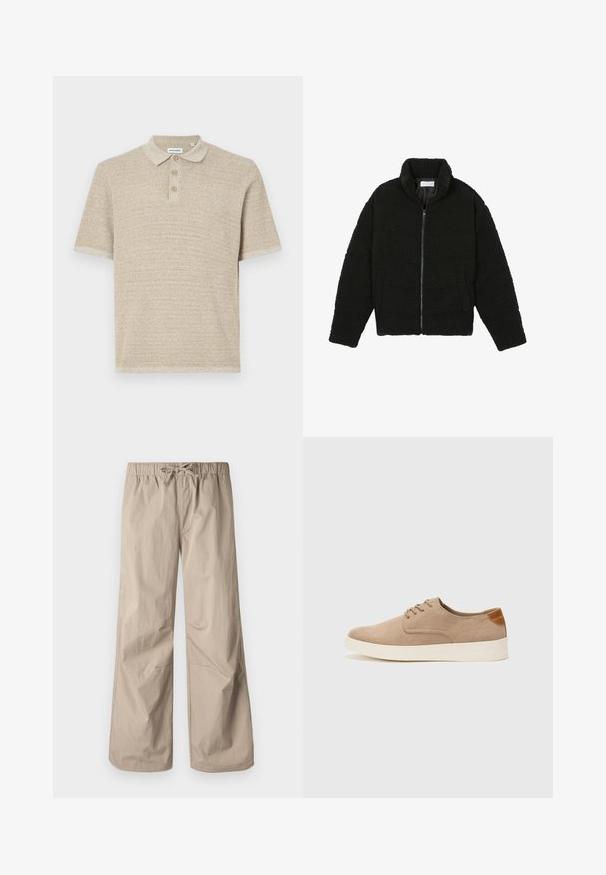 Černá umělá kožešinová bunda s vysokým límcem, zipovým uzávěrem, elastickými manžetami a prošívaným designem. Obsahuje postranní kapsy a jemnou texturu.; Béžové polo tričko, krátký rukáv, texturovaná pletenina, tříknoflíková léga, klasický límec, jemný vzor, volnější střih.; Béžové kalhoty širokého střihu s elastickým pasem a stahovací šňůrkou. Hladký materiál, dvě boční kapsy a minimální švy pro uvolněný fit.; Béžové semišové tenisky s kulatou špičkou, šněrováním vpředu a texturovaným zadním akcentem. Bílá gumová podrážka poskytuje kontrast. Jednoduchý a moderní design.