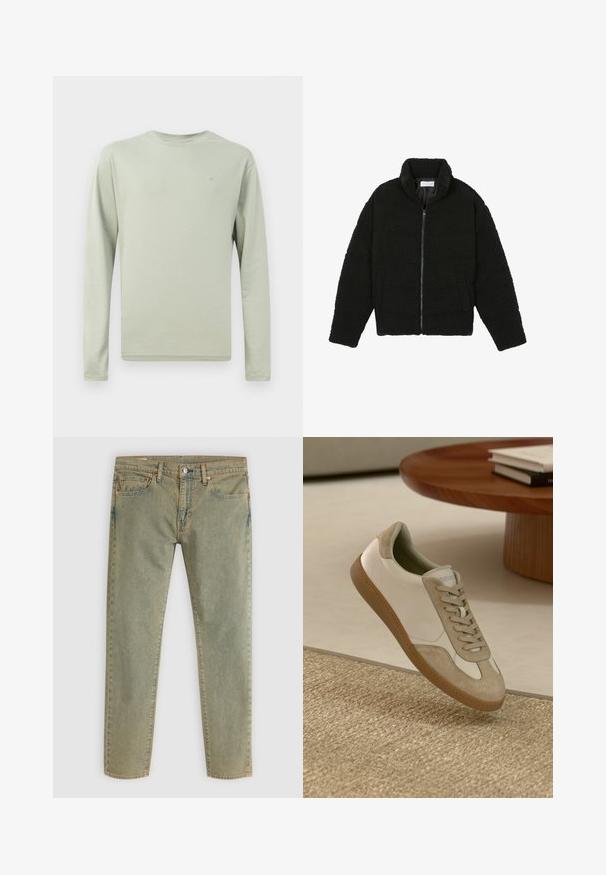 Juoda dirbtinė kailio striukė su aukštu apykakle, užtrauktuku, elastingomis rankovėmis ir siuvinėtu raštu. Su šoninėmis kišenėmis ir švelnia tekstūra.; Šviesiai žalia ilgo rankovės marškiniai. Apvalus kaklas, paprastas dizainas be raštų. Mažas logotipas ant krūtinės. Minkšta, lygi tekstūra.; Šviesiai žali džinsai, tiesaus silueto. Yra priekinės ir galinės kišenės, variniai kniedės ir smėlio spalvos siūlės.; Lengvas sportinis batelis su baltu odiniu viršumi, su kreminėmis zomšos detalėmis, apvalia nosimi ir tekstūruotu rudu guminio padu.