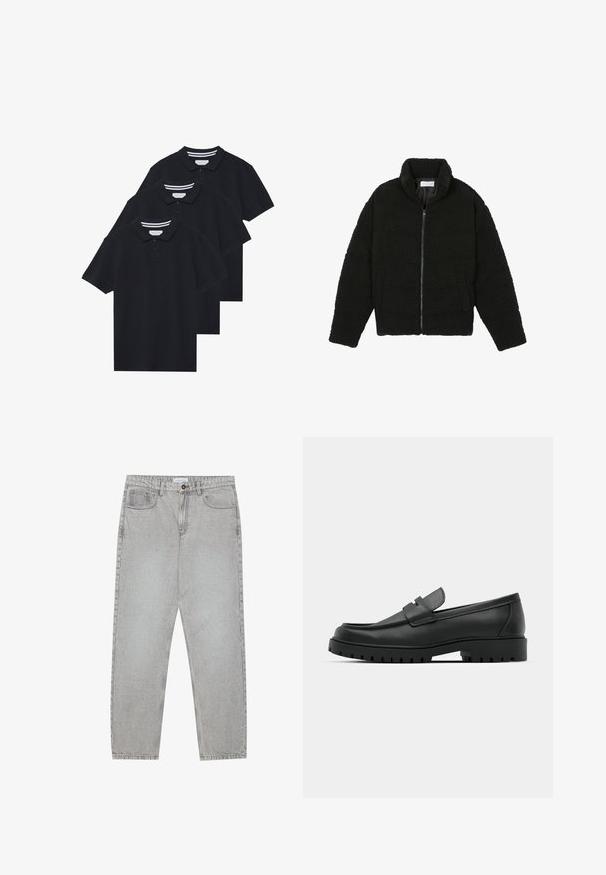 Veste en fausse fourrure noire avec un col haut, fermeture éclair, poignets élastiques et un design matelassé. Elle possède des poches latérales et une texture douce.; Trois polos noirs en coton avec un col classique, une patte de boutonnage à deux boutons et un détail rayé contrasté sur le col.; Pantalon en denim gris clair avec une coupe droite, cinq poches et une fermeture à bouton. Coutures visibles le long des coutures.; Mocassins en cuir noir à bout arrondi, avec un design cousu, une semelle plateforme basse et une semelle en caoutchouc texturée et crantée.