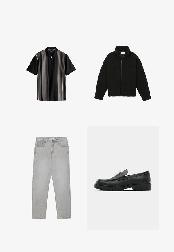 Černá umělá kožešinová bunda s vysokým límcem, zipovým uzávěrem, elastickými manžetami a prošívaným designem. Obsahuje postranní kapsy a jemnou texturu.; Černé polo tričko s vertikálními pruhy v šedé, krémové a tmavě šedé barvě. Má zipový límeček a texturovanou tkaninu. Krátké rukávy.; Světlé šedé džíny s rovnými nohavicemi, pět kapsami a knoflíkovým zapínáním. Viditelné švy podél švů.; Černé kožené mokasíny s kulatou špičkou, zdobené prošitím, s nízkou platformou a texturovanou gumovou podrážkou s drážkováním.