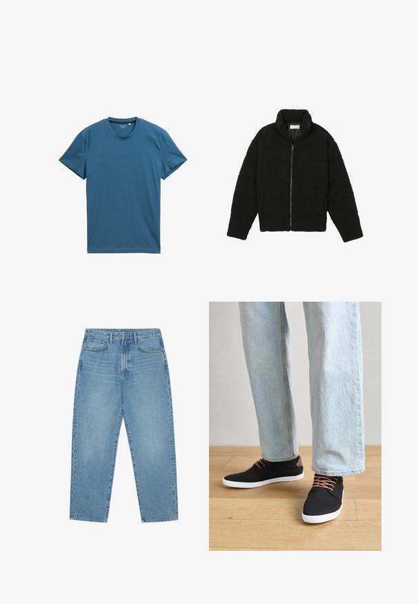 Must must karusnahast jakk kõrge kraega, lukuga sulgemine, elastsed varrukad ja tikandmuster. Omab küljetaskuid ja pehmet tekstuuri.; Lühikese varrukaga t-särk sügavas türkiissinises, pehmest puuvillasest. Omab ümmargust kaelust ja sileda, ühtlase tekstuuri koos lihtsate õmblusdetailidega.; Heledad tumesinised lai jalgadega teksad kõrge vöökohtaga, millel on viis taskut, vöökohad ja pehme, kergelt pleekinud tekstuur.; Mustad musta kangast tossud pruunide aktsentide, valge kummitaldade ja pruunide paeltega, koos helesiniste sirgete jalgade teksadega. Puidust põranda taust.